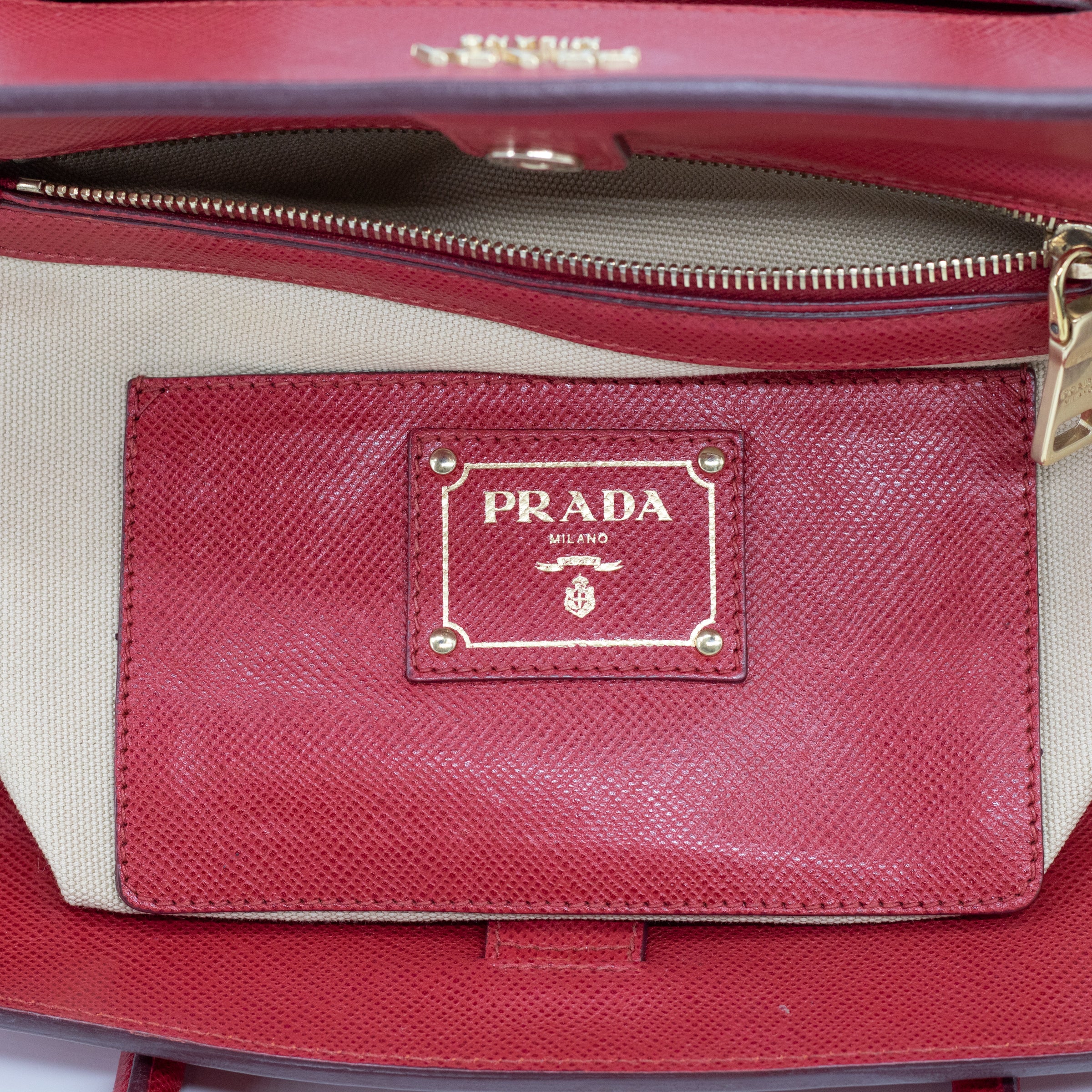 Prada Red/Beige Saffiano Cuir-Trimmed Canapa Tote