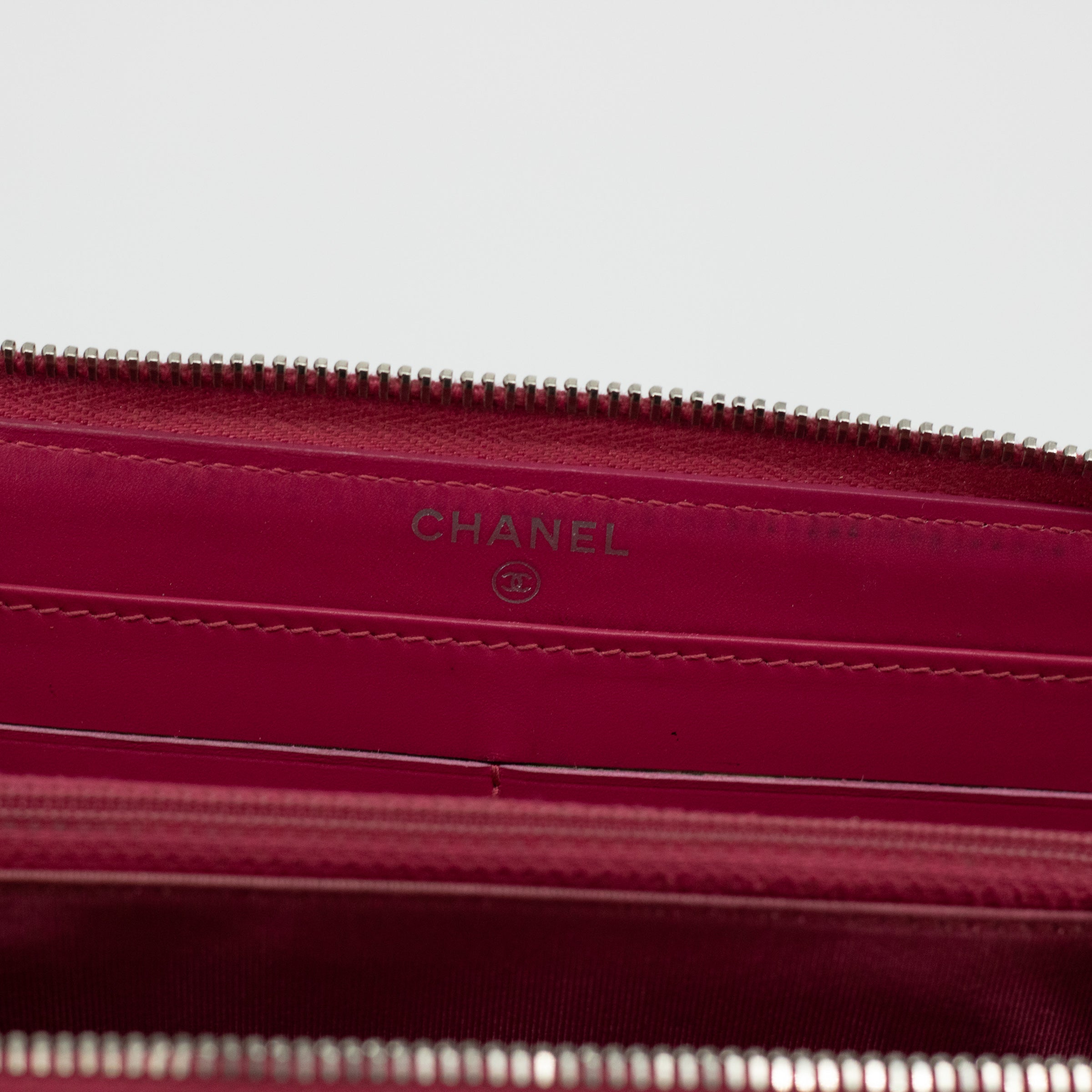 Chanel Pink Patent Leather Quilted Zippy Wallet 