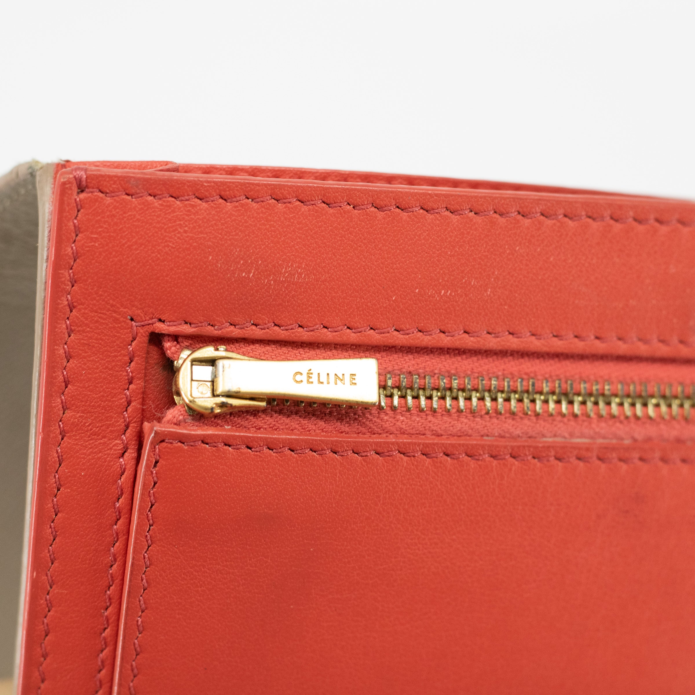 Celine Leather Tan Long Wallet w/ Red 