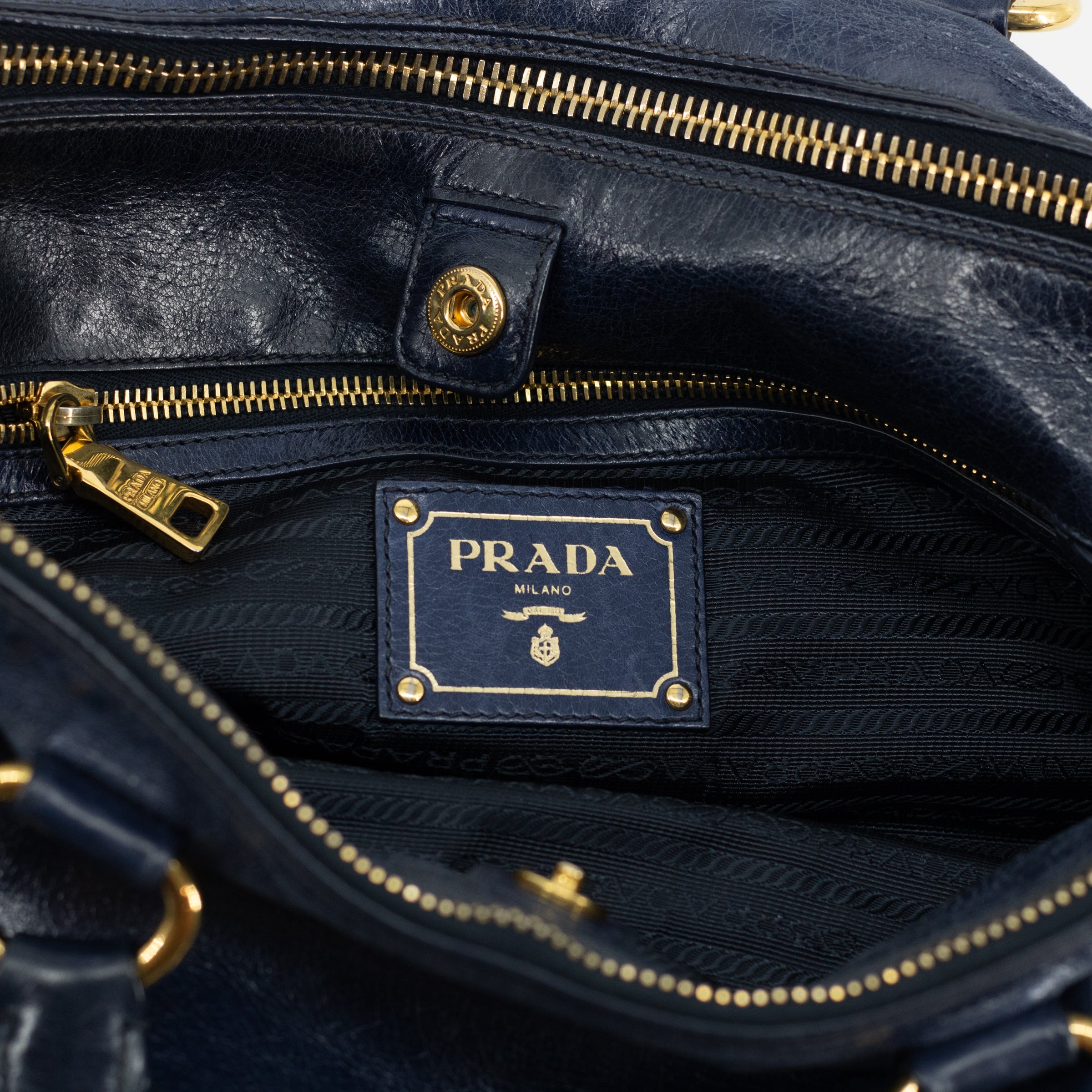 Prada 2-Way Vitello Shine Mini Boston Blue Shoulder Bag 