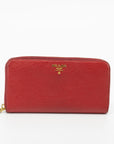 Prada Red Leather Front Logo Zip Around Wallet 