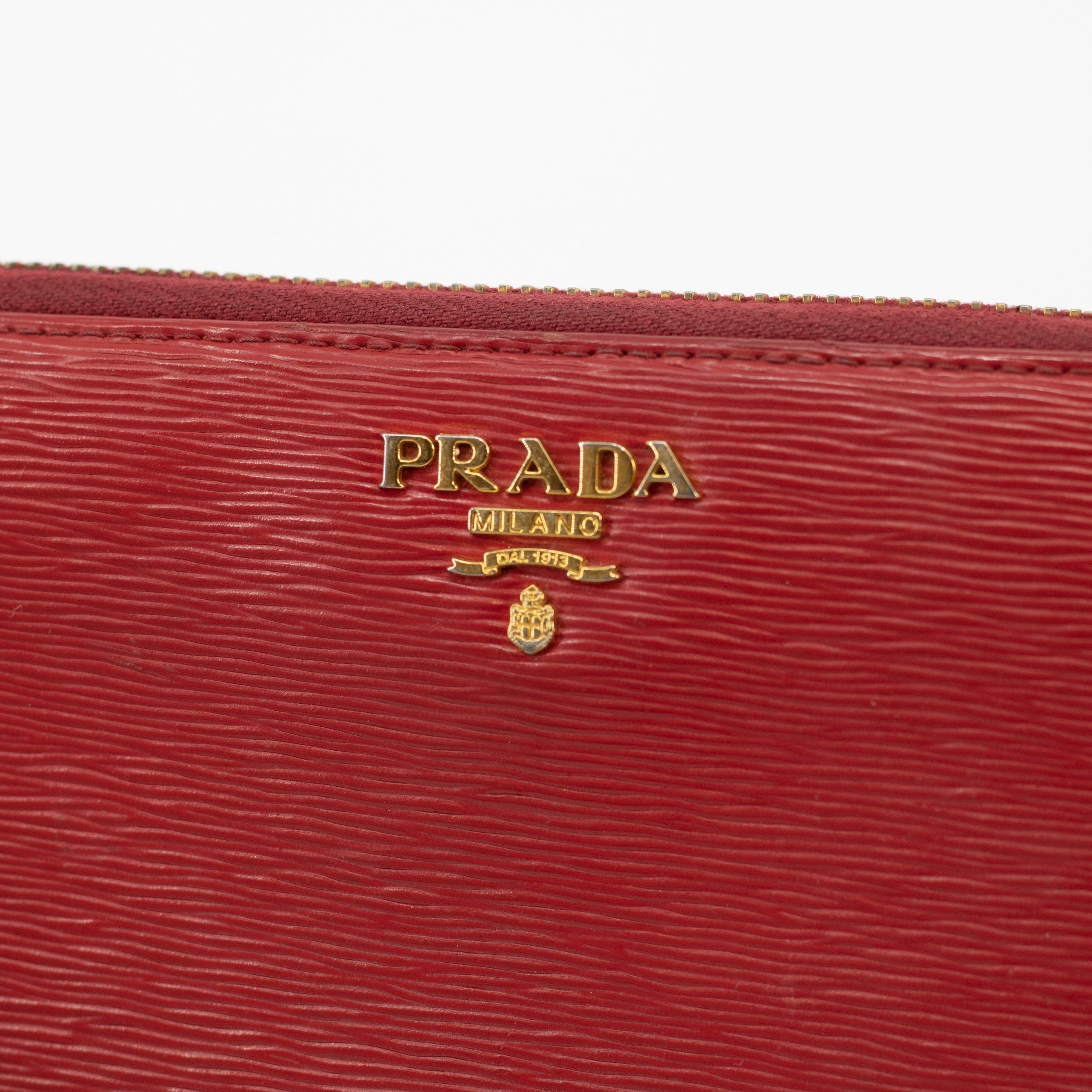 Prada Red Leather Front Logo Zip Around Wallet 