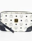 MCM Ivory x Navy Monogram Visetos Pattern Leather Clutch Bag 