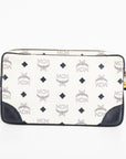 MCM Ivory x Navy Monogram Visetos Pattern Leather Clutch Bag 