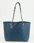 Chanel Perforated Caviar Skin Leather Tote Bag Blue 23 Series 