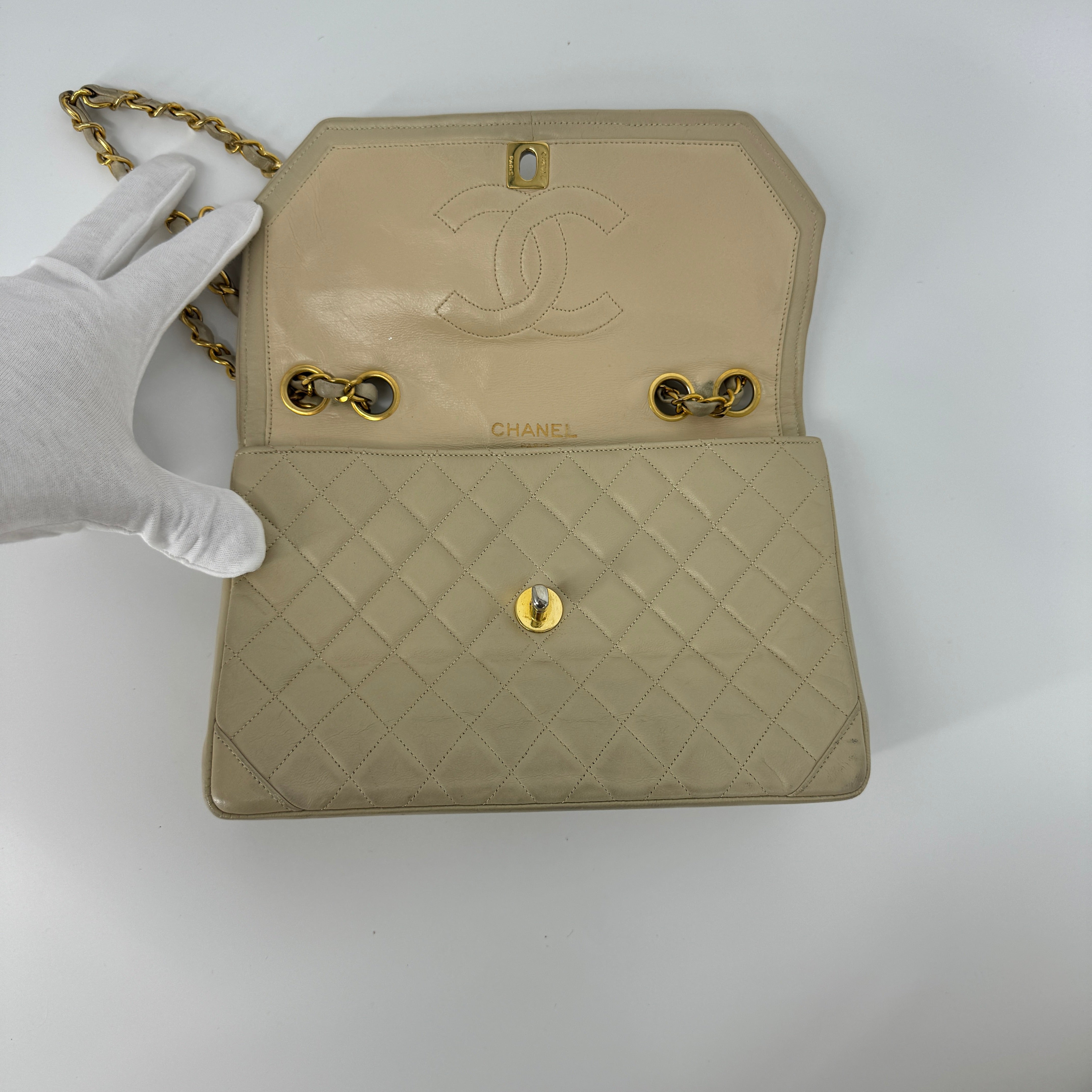 Chanel Beige Quilted Lambskin Matelasse Half Flap Bag