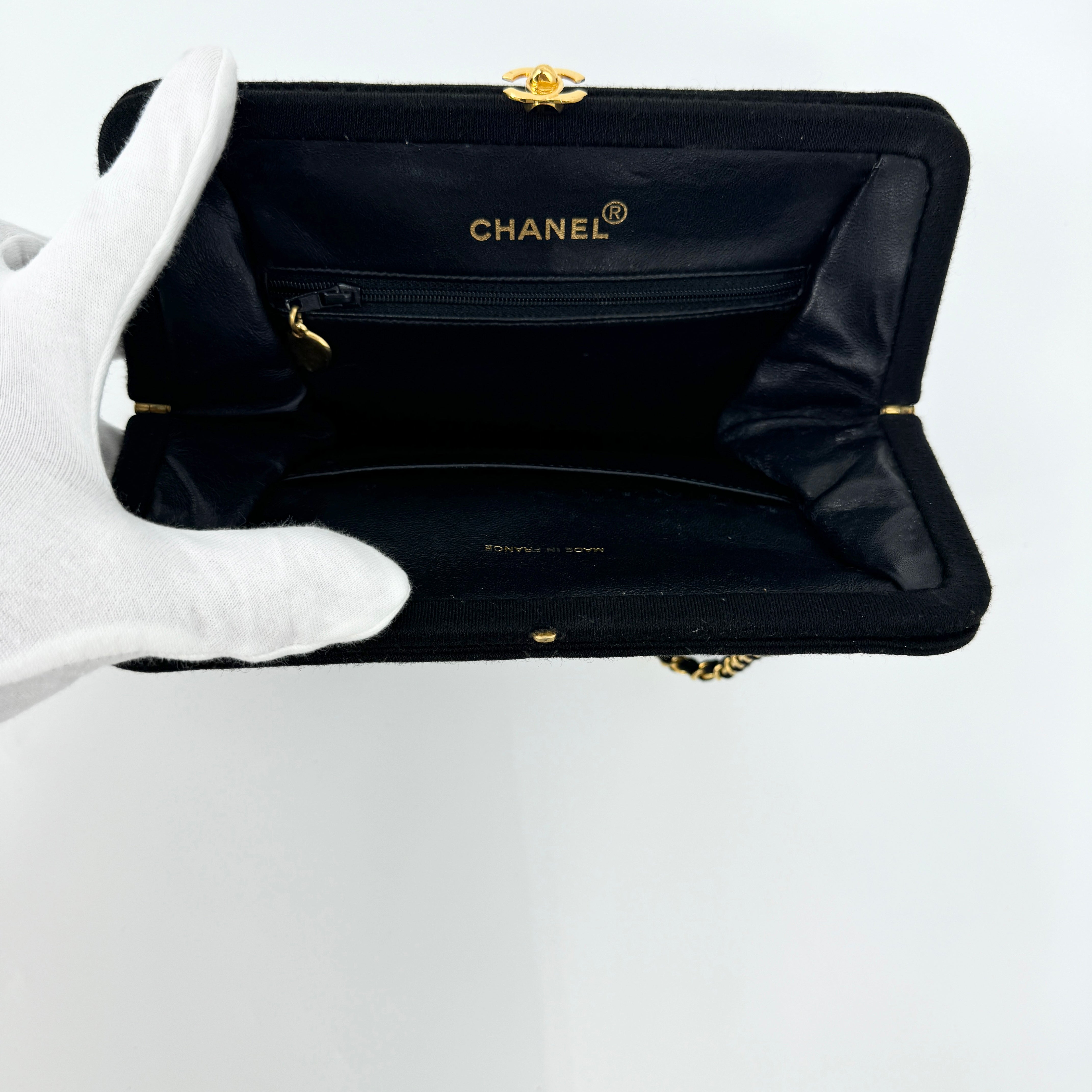 Chanel Black Quilted Cotton Kisslock Bag