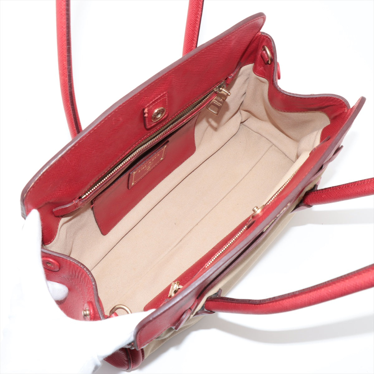 Prada Red/Beige Saffiano Cuir-Trimmed Canapa Tote 